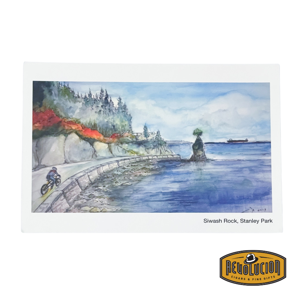 Front of the Watercolor Stanley Park greeting card, showcasing a beautiful hand-painted illustration of the iconic park with lush greenery and serene scenery.