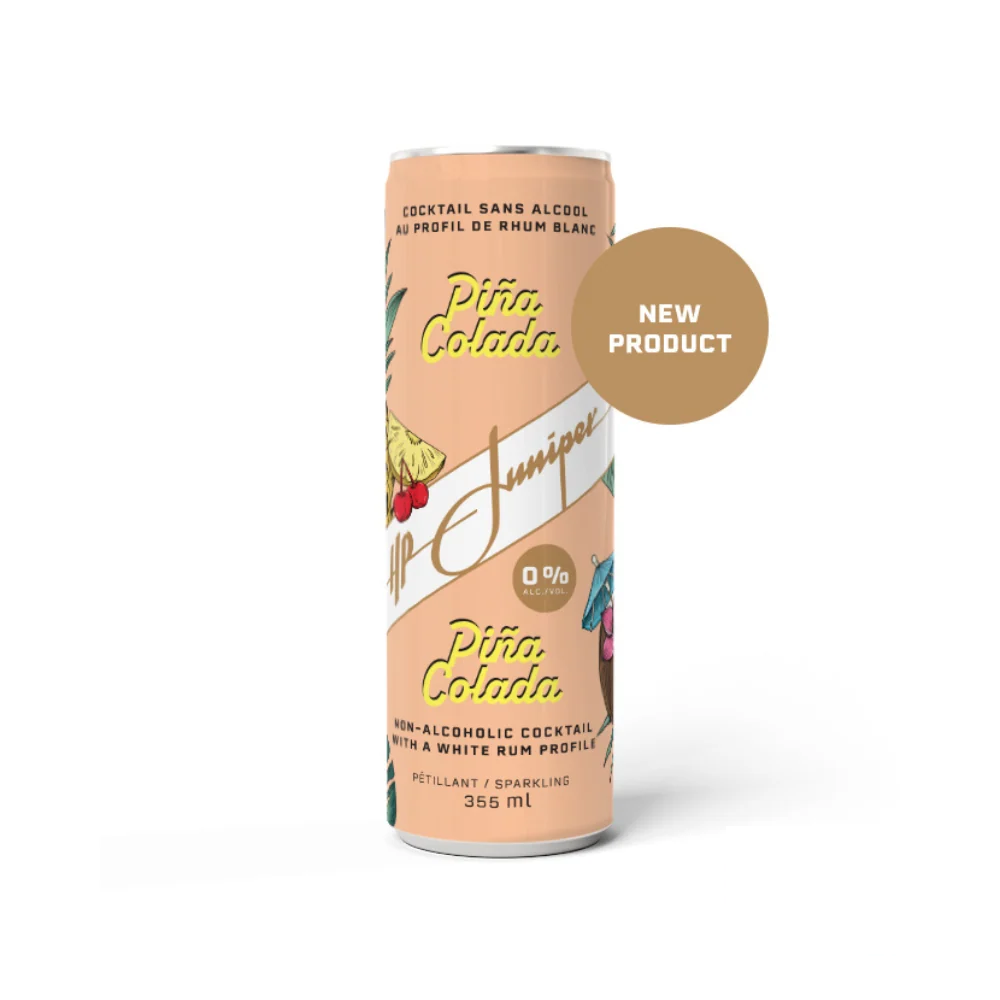 A vibrant peach-colored can with tropical illustrations of pineapples and coconuts, presenting the HP Juniper Piña Colada, a sparkling non-alcoholic cocktail with a white rum profile. Marked as “New Product” with the Revolucion logo in the corner.