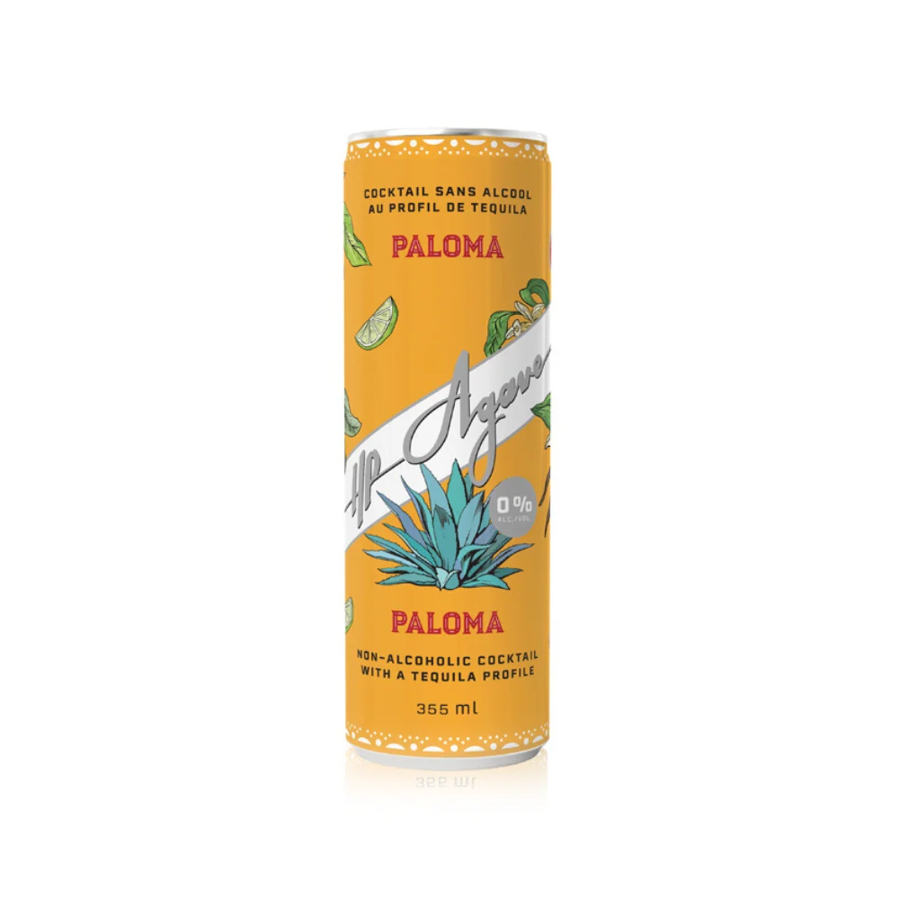 A bright orange can with agave plant and lime designs, featuring the HP Agave Paloma, a non-alcoholic cocktail with a tequila profile. Includes the Revolucion logo in the corner.