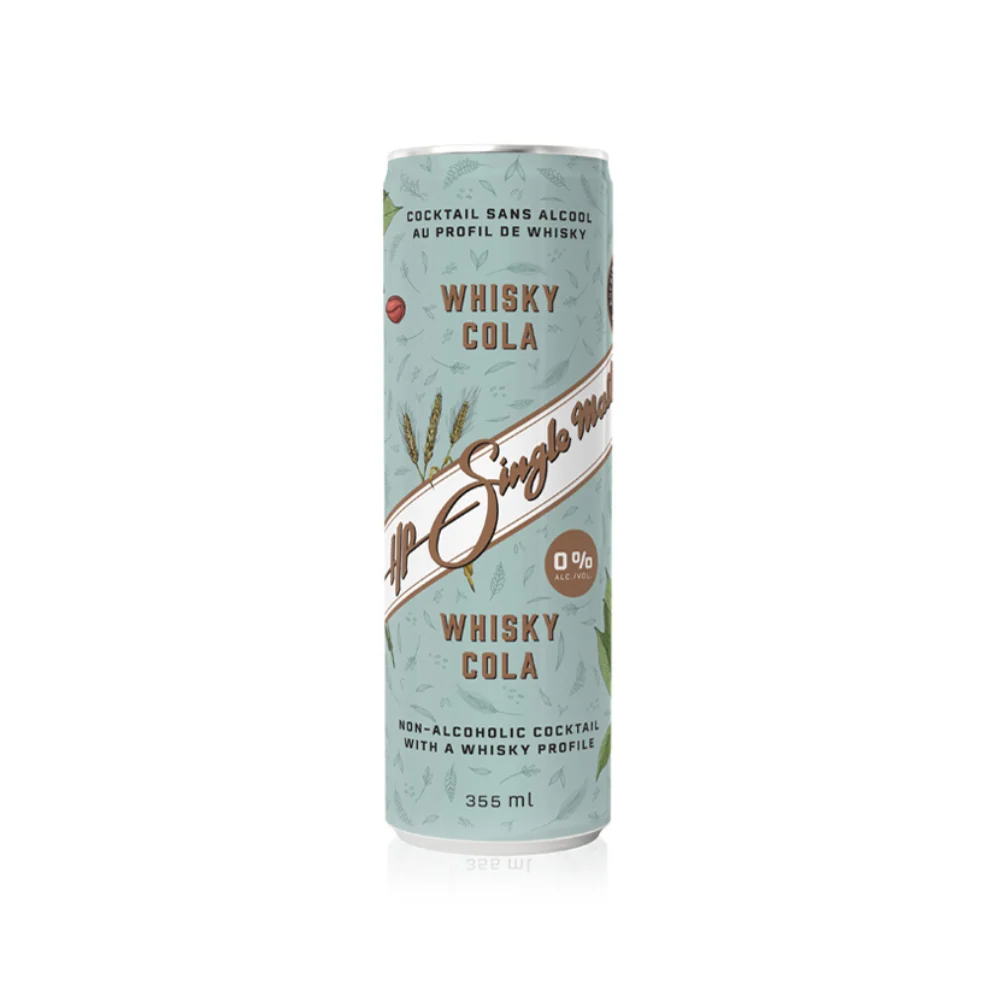 A light blue can with grain and cola accents, showcasing the HP Single Malt Whisky Cola, a non-alcoholic cocktail with a whisky profile. Includes the Revolucion logo in the corner.