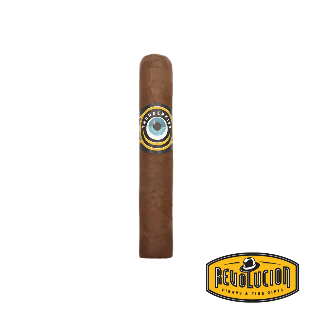 Cigar with a label on a white background, featuring the Revolucion Cigars logo.