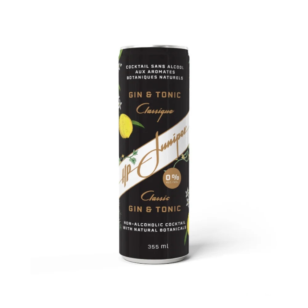 HP Juniper Classic Gin & Tonic: A sleek black can with lemon and botanical accents, highlighting the HP Juniper Classic Gin & Tonic, a non-alcoholic cocktail with a classic flavor profile. Includes the Revolucion logo in the corner.