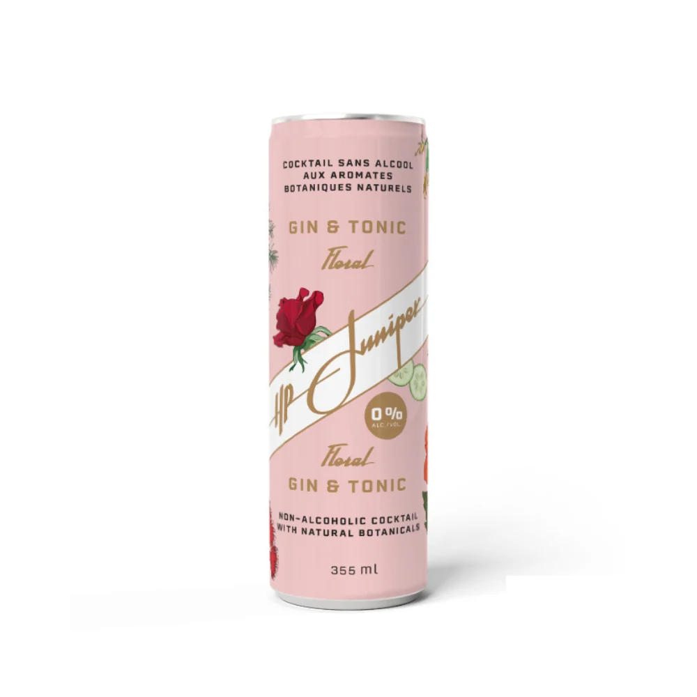 A pastel pink can featuring floral designs, showcasing the HP Juniper Floral Gin & Tonic, a non-alcoholic cocktail with botanical aromatics. Includes the Revolucion logo in the corner.